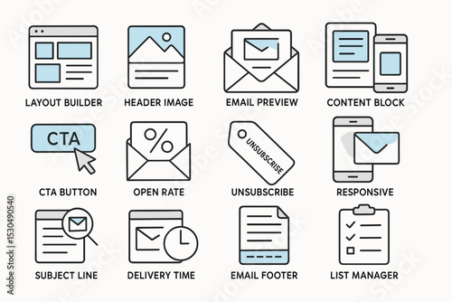 Email marketing and design icons: layout, cta, unsubscribe, responsive, list manager