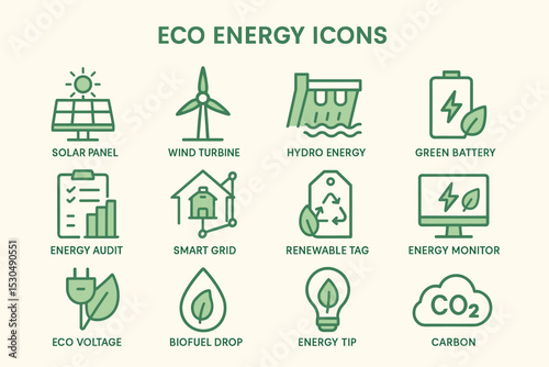 Eco energy icons: solar, wind, hydro, battery, and more