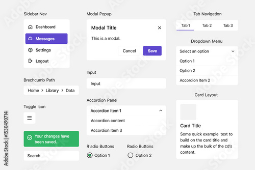 User interface elements: form inputs, buttons, and navigation components
