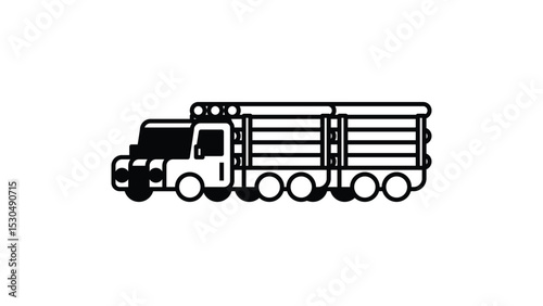 Vehicles, Log trucks, simple black and white line drawing illustration