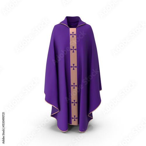 Purple liturgical vestment robe with gold and cross details isolated on transparent background