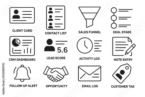 Business icons: crm dashboard, lead score, sales funnel, contact list, email log