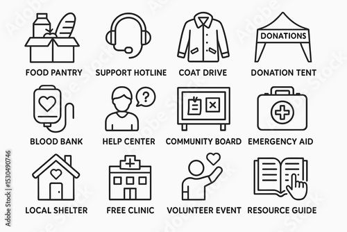 Community services icons collection: food pantry, volunteer event, emergency aid, support hotline, and more