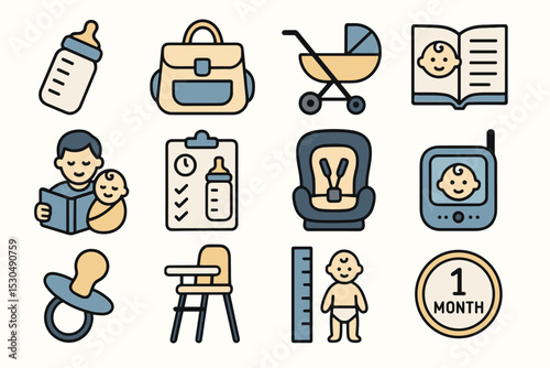 Baby essentials icons: parenting, care, and development symbol set