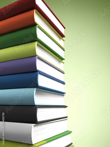 Stack of colorful books against a light green background