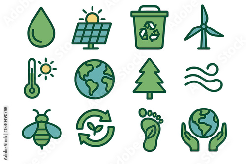 Sustainable energy and environmental icons: solar, wind, recycling, conservation