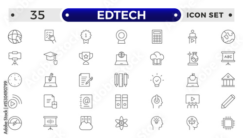 Edtech outline icon set representing online education and virtual learning. Includes icons of students, teachers, laptops, graduation caps, certificates, video tutorials, and e-learning too.