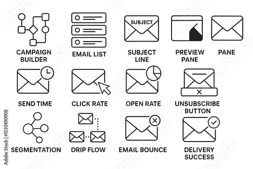 Email marketing icons: campaign, segmentation, drip flow, open rate, delivery success