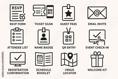 Event management icons: rsvp, tickets, check-in, and more