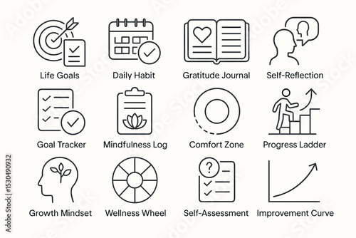 Illustrated icons for personal development: habits, reflection, mindfulness, and growth