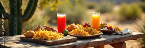A delicious and refreshing desert lunch spread laid out on a rustic wooden picnic table under the shade of a cactus  Perfect for a hot day's adventure ,  landscape,  green