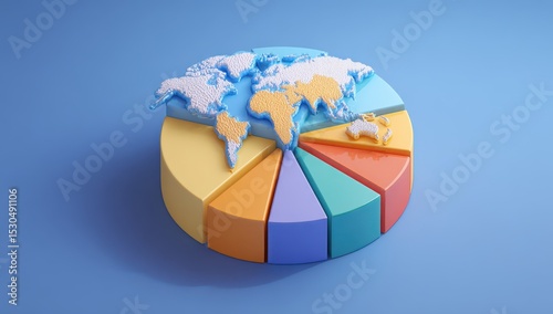 3D pie chart, world map overlaid, pastel colors