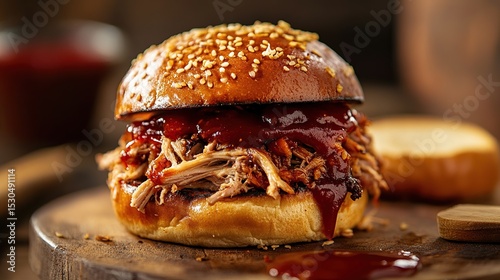 Close-up of a pulled pork sandwich on a sesame seed bun, generously topped with tangy barbecue sauce;  a wooden board and a side of bun are visible
