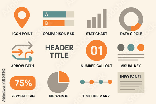 Infographic design elements: icons, charts, graphs, arrow paths, and data visualization
