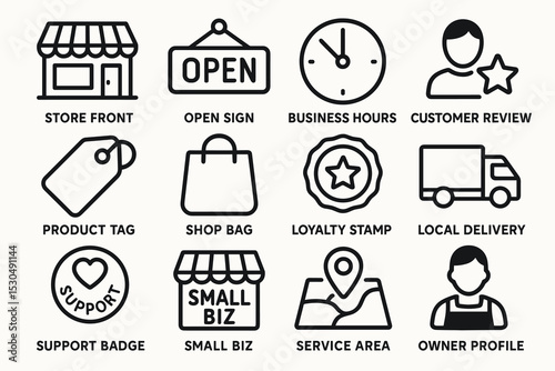 Store icons: open sign, business hours, customer review, local delivery, support badge