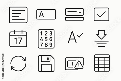 Simple black icon set for ui design including calendar, checkmark, and download symbols
