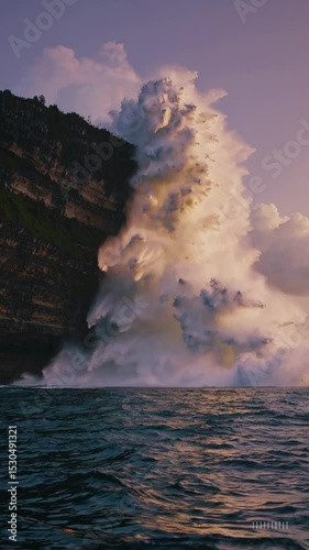 Waves crashing against Uluwatu cliffs under dramatic sunset