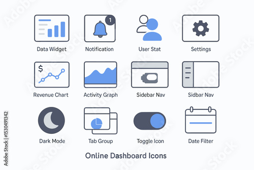 Online dashboard icons: data, notification, user, settings, dark mode, date filter