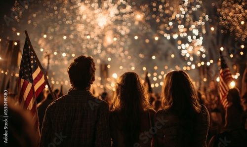 A crowd watches fireworks and holds American flags at a nighttime celebration.