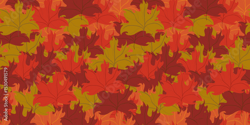 Seamless pattern of overlapping autumn maple leaves in red, orange, yellow, and brown tones. Dense fall vector background, all over print, perfect for textiles, wallpapers, seasonal projects.