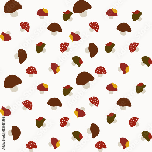 Seamless vector pattern of scattered cartoon mushrooms in various fall colors with leaves on a white background. Perfect for whimsical autumn designs and cute decorative projects.