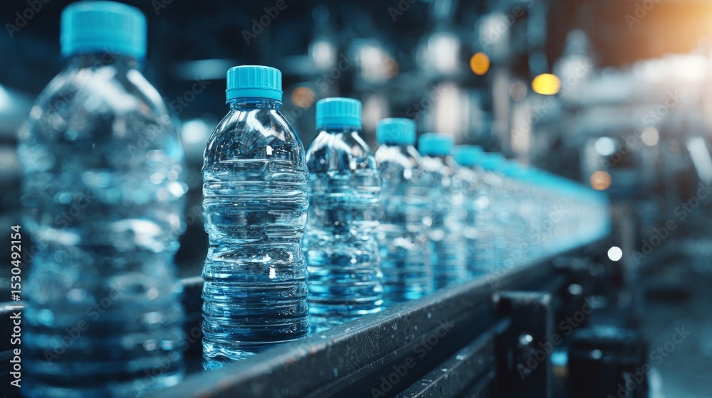 Water Bottles On Conveyor Belt In Modern Factory Water Bottles On Conveyor Belt In Modern Factory