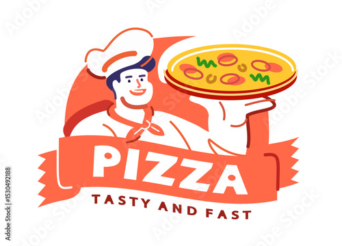 Chef cook holding pizza. Emblem or symbol, label for restaurant or diner menu