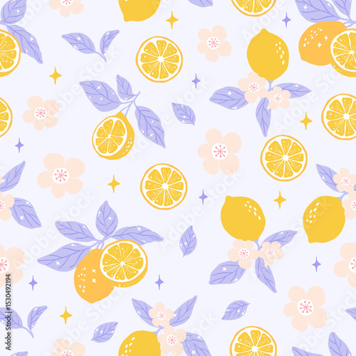 Seamless pastel pattern featuring lemons, lemon slices, purple leaves, and light peach flowers in kawaii hand-drawn style