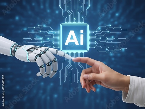 Human and robot hand reaching for ai technology futuristic concept