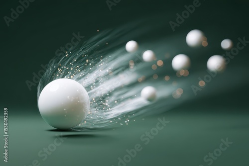 White spheres streak across a dark green backdrop, trails of light and motion