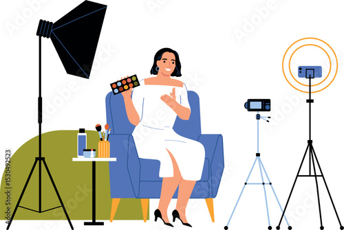 Beauty influencer shares makeup tips on camera in a studio setting
