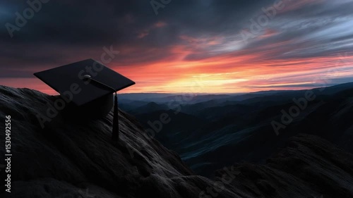 Graduation cap resting on rocky mountain ledge during vibrant sunset in breathtaking landscape