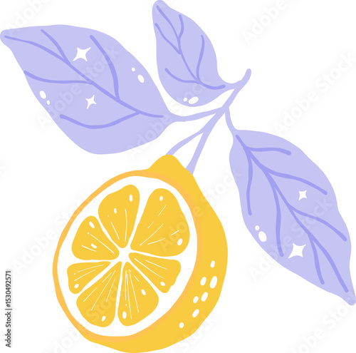 Cute lemon fruit illustration with bright yellow color and simple leaf detail in kawaii hand-drawn style