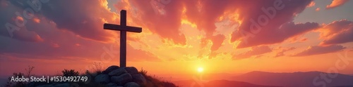 A rustic wooden cross stands tall against a vibrant sunset, symbolizing faith, hope, and redemption  Perfect for Easter, Lent, or any religious themed project  ,  forgiveness,  salvation