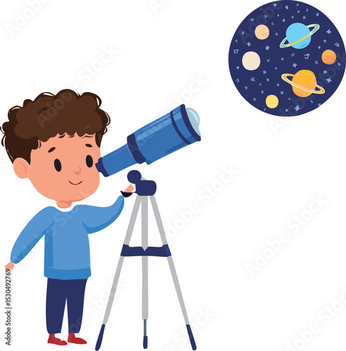 Boy Looking Through Telescope - Kids Astronomy & Space Exploration

