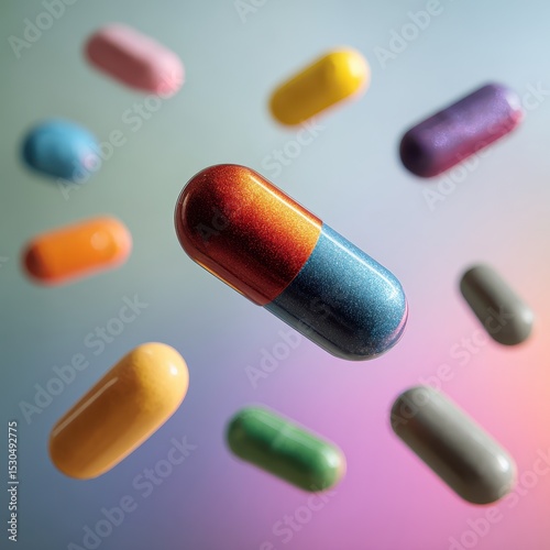 Colorful pills in mid-air against a soft gradient background (1)