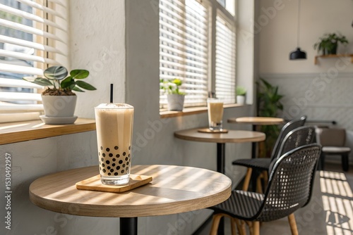 Cozy Cafe Interior with Bubble Tea and Sunny Window Seating