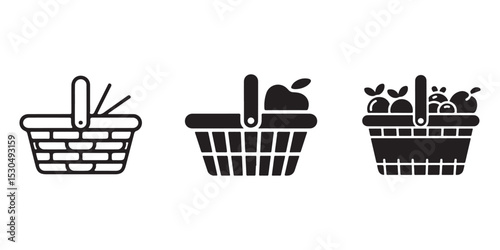 Three black basket icons empty apple and fruit