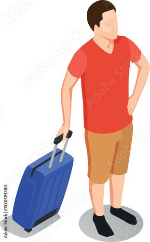 Isometric illustration of a man with luggage standing on a gray surface