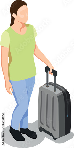 Isometric illustration of a woman traveling with a suitcase in a light green shirt