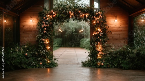 This beautifully arranged floral archway, adorned with lush greenery and soft blooms, creates a romantic and enchanting entrance for any special occasion or event. photo
