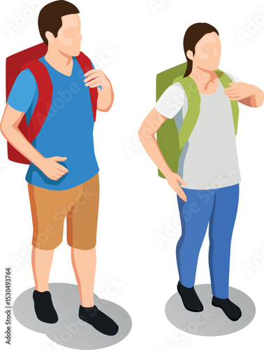 Isometric illustration of two people with backpacks ready for travel