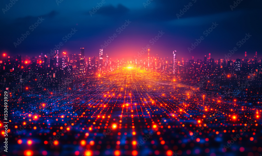 Fototapeta premium Futuristic city skyline with glowing digital grid and bright orange and blue lights representing advanced technology and smart urban infrastructure at night