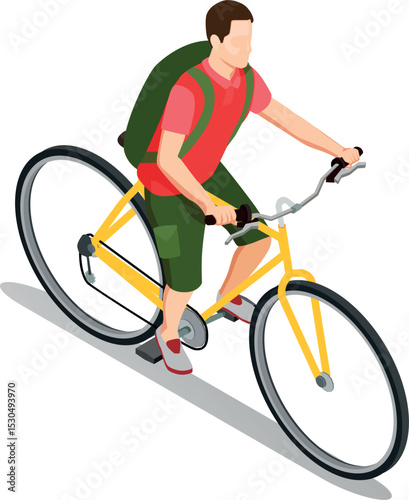 Isometric vector illustration of a man cycling with a backpack outdoors