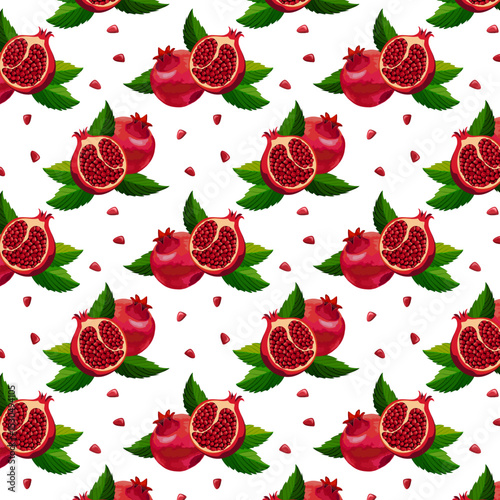 Ripe pomegranates on a white background.Vector seamless pattern with red pomegranates and leaves on a white background.