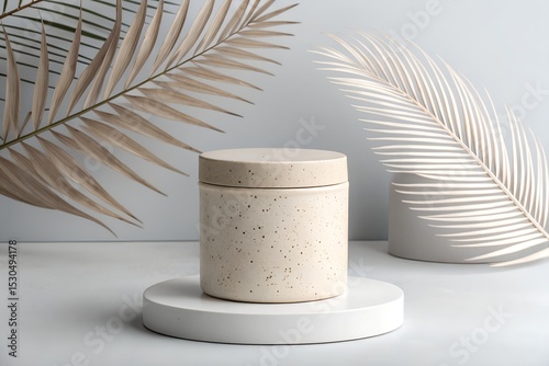 Elegant Ceramic Jar with Lid and Palm Leaves