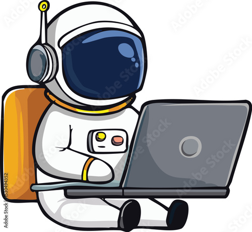Cute Astronaut Working on Laptop - Space Exploration Tech Icon

