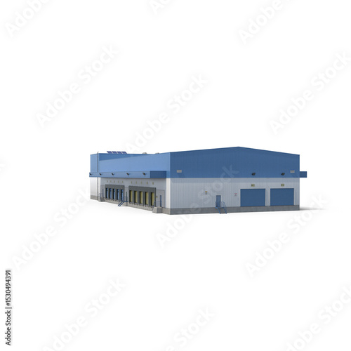 Modern industrial warehouse building isolated on transparent background