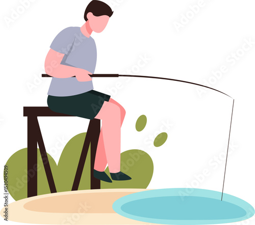 Man fishing at the lake from a wooden dock illustration style vector