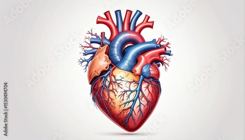 Detailed Illustration of a Human Heart with Arteries and Veins on White Background